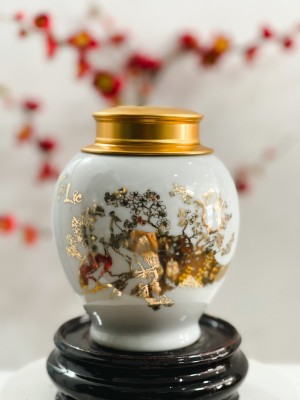 Hũ đựng trà màu trắng nắp xoáy cảnh chim hoa cao 14cm