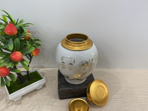 Hũ đựng trà màu trắng nắp xoáy cảnh chim Phúc- Lộc cao14cm