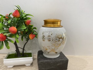 Hũ đựng trà màu trắng nắp xoáy cảnh chim Phúc- Lộc cao14cm