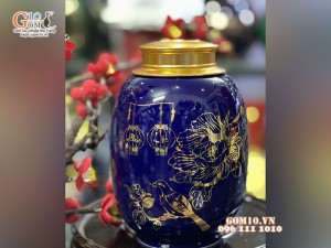 Hũ đựng trà men màu nắp xoáy cảnh chim hoa cao 19cm