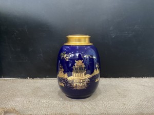 Hũ đựng trà men màu nắp xoáy cảnh Hồ Hoàn Kiếm cao 19cm