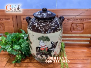 Chum gốm đựng gạo men màu họa tiết chăn trâu thổi sáo, 15kg