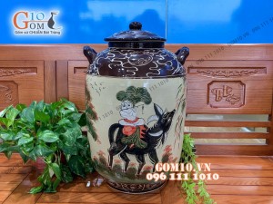 Chum gốm đựng gạo men màu họa tiết chăn trâu thổi sáo, 30kg