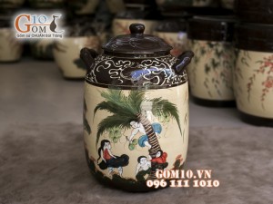 Chum gốm đựng gạo men màu vẽ cảnh Hái Dừa, 50kg