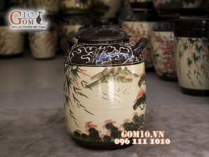 Chum gốm đựng gạo men màu vẽ cảnh Hái Dừa, 50kg