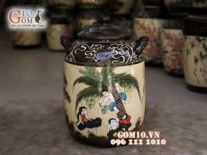 Chum gốm đựng gạo men màu vẽ cảnh Hái Dừa, 50kg