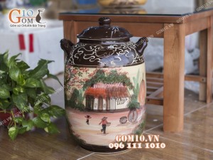 Chum gốm đựng gạo men màu vẽ cảnh làng quê, 30kg