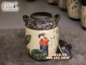 Chum gốm đựng gạo men màu vẽ Cô Tấm, 30kg