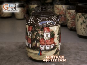 Chum gốm đựng gạo men màu vẽ cảnh Phố Cổ, 30kg