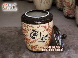 Chum gốm đựng gạo men màu vẽ Tài Lộc, 20kg