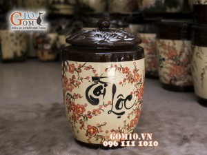 Chum gốm đựng gạo men màu vẽ Tài Lộc, 20kg