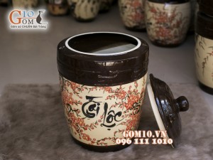 Chum gốm đựng gạo men màu vẽ Tài Lộc khắc Hạc, 20kg