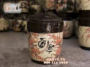 Chum gốm đựng gạo men màu vẽ Tài Lộc khắc Hạc, 30kg