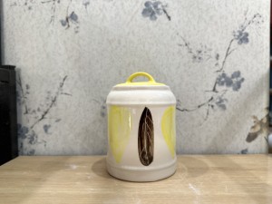 Hũ gốm có nắp men màu vẽ lá, 1L