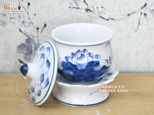 Hũ nắp kèm đế men lam vẽ hoa sen cao 12cm
