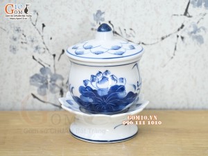 Hũ nắp kèm đế men lam vẽ hoa sen cao 12cm