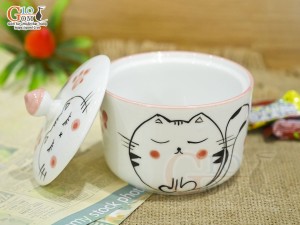 Hũ nắp men trắng vẽ mèo chỉ hồng, đường kính 10cm