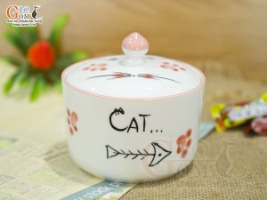 Hũ nắp men trắng vẽ mèo chỉ hồng, đường kính 10cm