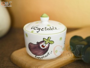 Hũ nắp men trắng vẽ nấm màu chỉ xanh, đường kính 10cm