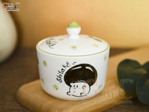 Hũ nắp men trắng vẽ nấm màu chỉ xanh, đường kính 10cm