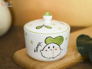 Hũ nắp men trắng vẽ nấm màu chỉ xanh, đường kính 10cm