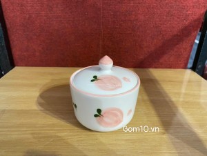 Hũ nắp men trắng vẽ trái đào, đường kính 10cm