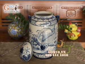 Chum gốm ngâm rượu men bóng dáng bí - vẽ Chép sen 45L