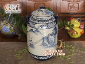 Chum gốm ngâm rượu men bóng dáng bí vẽ Lã Vọng Câu Cá, 45L