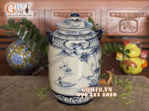 Chum gốm ngâm rượu men bóng dáng bí vẽ Lã Vọng Câu Cá, 45L