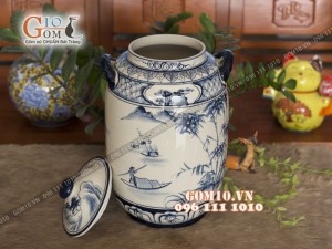 Chum gốm ngâm rượu men bóng dáng bí vẽ Lã Vọng Câu Cá, 45L