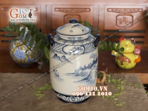 Chum gốm ngâm rượu men bóng dáng bí vẽ Lã Vọng Câu Cá, 45L