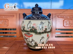 Chum gốm ngâm rượu men màu họa tiết Đám cưới chuột, 30 Lít