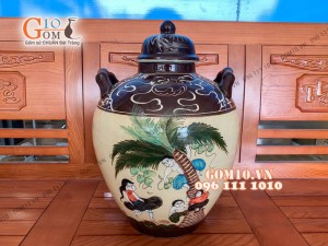 Chum gốm ngâm rượu men màu họa tiết hứng dừa, 20 Lít