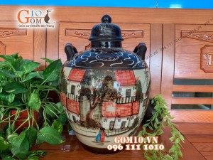 Chum gốm ngâm rượu men màu họa tiết Phố Cổ, 30 Lít