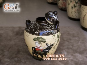 Chum gốm ngâm rượu men màu vẽ cảnh chăn trâu thổi sáo, 15 Lít