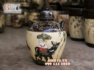 Chum gốm ngâm rượu men màu vẽ cảnh chăn trâu thổi sáo, 40 Lít