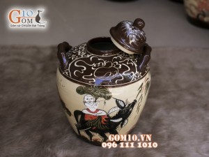 Chum gốm ngâm rượu men màu vẽ cảnh chú tiểu thổi sáo chăn trâu, 10 Lít