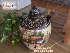 Chum gốm ngâm rượu men màu vẽ Làng Quê, 20 Lít
