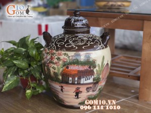 Chum gốm ngâm rượu men màu vẽ Làng Quê, 40 Lít
