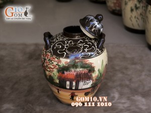 Chum gốm ngâm rượu men màu vẽ cảnh Làng Quê, 15 Lít