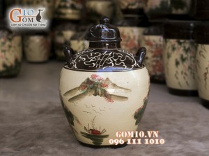 Chum gốm ngâm rượu men màu vẽ cảnh Làng Quê, 15 Lít