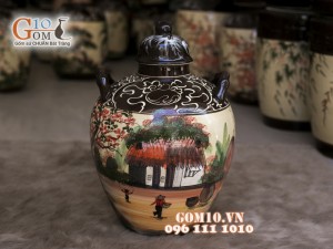 Chum gốm ngâm rượu men màu vẽ cảnh Làng Quê, 50 Lít