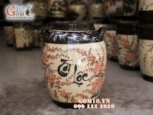 Chum gốm ngâm rượu men màu vẽ Tài Lộc, 30 Lít