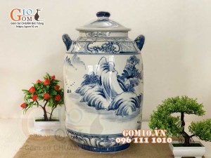Hũ rượu men chàm cổ vẽ làng quê 30l