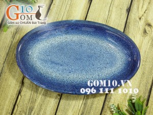 Đĩa bầu dục đại men hỏa biến xanh đá 42x26cm