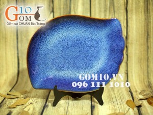 Khay bầu dục lượn đại men hỏa biến xanh đá 34,5cm