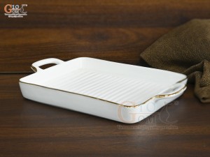 Khay chữ nhật có quai men trắng kẻ chỉ vàng kim, 21,5x16,5cm