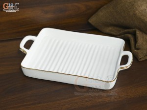 Khay chữ nhật có quai men trắng kẻ chỉ vàng kim, 21,5x16,5cm