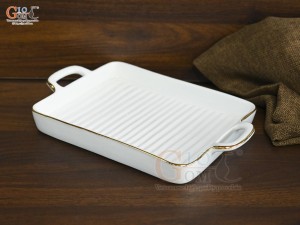 Khay chữ nhật có quai men trắng kẻ chỉ vàng kim, 21,5x16,5cm