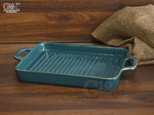 Khay chữ nhật có quai men xanh kẻ chỉ vàng kim, 21,5x16,5cm